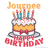 Cartoon birthday cake with a red bow, glowing candles, and 'Journee Happy Birthday' text in bold animated style.