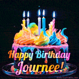 A mesmerizing animated cake with multicolor frosting and candles, and the words 'Happy Birthday Journee' on the black background.