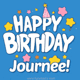 Colorful animated birthday card with the text 'HAPPY BIRTHDAY Journee!' in a white playful font surrounded by stars, hearts, and a party hat on a blue background.