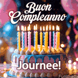 Birthday cake topped with pink and yellow lit candles, surrounded by glowing bokeh lights and party balloons. The greeting 'Buon Compleanno Journee GIF!' is displayed.