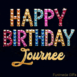 Vibrant luxury birthday greeting card for Journee, showing glittering gemstone letters and golden calligraphy on a dark background with twinkling shine effects.