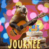 Animated birthday GIF showing a capybara playing guitar and singing beside a birthday cake with the name Journee in large letters and colorful bokeh lights in the background.