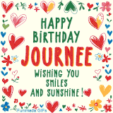 A colorful animated card for Journee’s birthday featuring playful hearts, cheerful flowers, and a handwritten message wishing smiles and sunshine.
