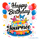An animated birthday card for Journee. It features a festive cake with her name, 'Journee', and colorful butterflies. Floating balloons and hearts complete the joyful scene.