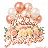 A bouquet of pastel roses and green leaves with Happy Birthday Journee animation