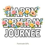 Happy Birthday Journee written in bold outline letters decorated with colorful flowers