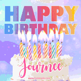 A vibrant animated name GIF with the words 'Happy Birthday Journee' with colorful candles on a creamy cake. The background sparkles with pastel shades, adding a festive touch.