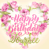 A stunning heart made of pink roses surrounds the elegant script text 'Happy Birthday Journee' on a soft beige background. Animated sparkles add a magical and festive feel.