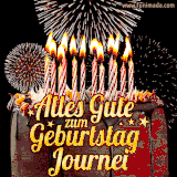 A chocolate birthday cake with glowing candles, the German text 'Alles Gute zum Geburtstag Journei,' and vibrant fireworks lighting up the background in an animated GIF.