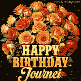 Animated bouquet of orange roses with moving butterfles and golden 'Happy Birthday Journei' text, surrounded by sparkling accents and a dark backdrop for a luxurious feel.