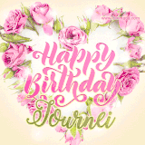 A stunning heart made of pink roses surrounds the elegant script text 'Happy Birthday Journei' on a soft beige background. Animated sparkles add a magical and festive feel.