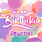 A vibrant name GIF featuring colorful balloons in shades of pink, orange, and yellow with the bold text 'Happy Birthday Journei' in festive fonts, creating a lively birthday vibe.