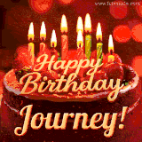 Beautifully decorated red velvet berry birthday cake with vibrant fruits and a glowing 'Journey' name, adding a touch of sweetness and sparkle.