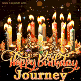 A glowing personalized birthday GIF with name Journey featuring lit candles with intricate designs, warm lighting, and the text 'Happy Birthday' in an elegant font.