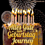 A chocolate birthday cake with glowing candles, the German text 'Alles Gute zum Geburtstag Journey,' and vibrant fireworks lighting up the background in an animated GIF.