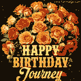 Beautiful bouquet of orange and red roses for Journey, golden inscription and twinkling stars