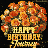 Animated bouquet of orange roses with moving butterfles and golden 'Happy Birthday Journey' text, surrounded by sparkling accents and a dark backdrop for a luxurious feel.