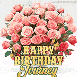 Golden 'Happy Birthday Journey' text beneath a vibrant bouquet of orange roses, complete with glittering butterflies and sparkling details.