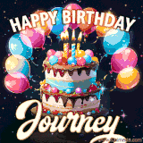 Bright birthday animation for Journey with a chocolate cake, candles, balloons, and glowing celebratory lights.