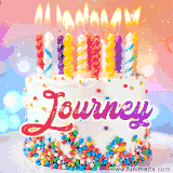 A cheerful white birthday cake with multicolor sprinkles, lit candles, and 'Journey' written in vibrant letters, in an animated GIF.