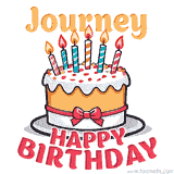 Cartoon birthday cake with a red bow, glowing candles, and 'Journey Happy Birthday' text in bold animated style.