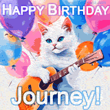 Animated GIF featuring a charming white cat with bright blue eyes strumming a guitar while colorful balloons float in the background, with 'Happy Birthday Journey!' text.