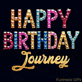 Vibrant luxury birthday greeting card for Journey, showing glittering gemstone letters and golden calligraphy on a dark background with twinkling shine effects.