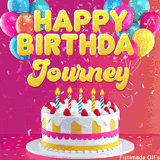 Pink-themed animated greeting with balloons, confetti, and a frosted cake under the message 'Happy Birthday Journey' in bold rounded yellow font.