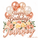 Floral Happy Birthday Journey GIF featuring blooming roses and floating balloons