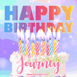A vibrant animated name GIF with the words 'Happy Birthday Journey' with colorful candles on a creamy cake. The background sparkles with pastel shades, adding a festive touch.