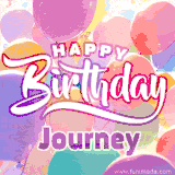 A vibrant name GIF featuring colorful balloons in shades of pink, orange, and yellow with the bold text 'Happy Birthday Journey' in festive fonts, creating a lively birthday vibe.
