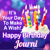 A colorful birthday GIF for Journi featuring a cupcake with vibrant lit candles and the text 'It's Your Day to Make a Wish! Happy Birthday Journi' in bold letters on a festive purple background.