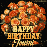 Animated bouquet of orange roses with moving butterfles and golden 'Happy Birthday Journi' text, surrounded by sparkling accents and a dark backdrop for a luxurious feel.