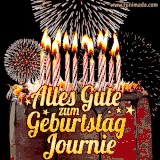 A chocolate birthday cake with glowing candles, the German text 'Alles Gute zum Geburtstag Journie,' and vibrant fireworks lighting up the background in an animated GIF.