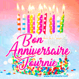 A white birthday cake covered in colorful sprinkles, topped with bright candles, and French text 'Bon Anniversaire Journie' on a pastel gradient background in an animated GIF.