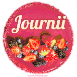 Beautifully decorated red velvet berry birthday cake with vibrant fruits and a glowing 'Journii' name, adding a touch of sweetness and sparkle.