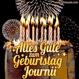 A chocolate birthday cake with glowing candles, the German text 'Alles Gute zum Geburtstag Journii,' and vibrant fireworks lighting up the background in an animated GIF.