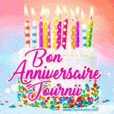 A white birthday cake covered in colorful sprinkles, topped with bright candles, and French text 'Bon Anniversaire Journii' on a pastel gradient background in an animated GIF.