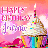 A vibrant birthday GIF featuring a rainbow-colored cupcake topped with white frosting, sprinkles, and a lit candle. The text reads 'Happy Birthday Journii' in bold pink and violet letters with white outline.