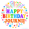 Happy Birthday Journii' GIF with rainbow-colored letters, colorful stars, and fireworks on white background.