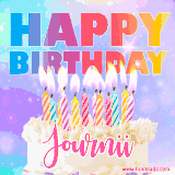 A vibrant animated name GIF with the words 'Happy Birthday Journii' with colorful candles on a creamy cake. The background sparkles with pastel shades, adding a festive touch.