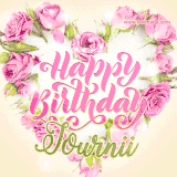 A stunning heart made of pink roses surrounds the elegant script text 'Happy Birthday Journii' on a soft beige background. Animated sparkles add a magical and festive feel.