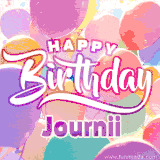 A vibrant name GIF featuring colorful balloons in shades of pink, orange, and yellow with the bold text 'Happy Birthday Journii' in festive fonts, creating a lively birthday vibe.