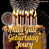 A chocolate birthday cake with glowing candles, the German text 'Alles Gute zum Geburtstag Joury,' and vibrant fireworks lighting up the background in an animated GIF.