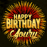 Golden 'Happy Birthday Joury' text accompanied by animated rainbow fireworks for a festive animated greeting.