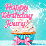 A festive cupcake with pink icing, a gingham bow, and a lit animated sparkler, paired with 'Happy Birthday Joury!' in bright pink text.