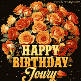 Animated bouquet of orange roses with moving butterfles and golden 'Happy Birthday Joury' text, surrounded by sparkling accents and a dark backdrop for a luxurious feel.