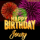 A golden 'Happy Birthday Joury' message with vibrant fireworks in the background, creating a festive and celebratory vibe in this animated name GIF.