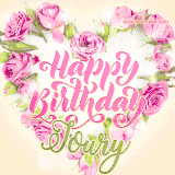 A stunning heart made of pink roses surrounds the elegant script text 'Happy Birthday Joury' on a soft beige background. Animated sparkles add a magical and festive feel.