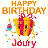 A vibrant and funny gift box character with a happy face dancing with a cupcake and the text 'Happy Birthday Joury,' surrounded by animated confetti and party vibes.